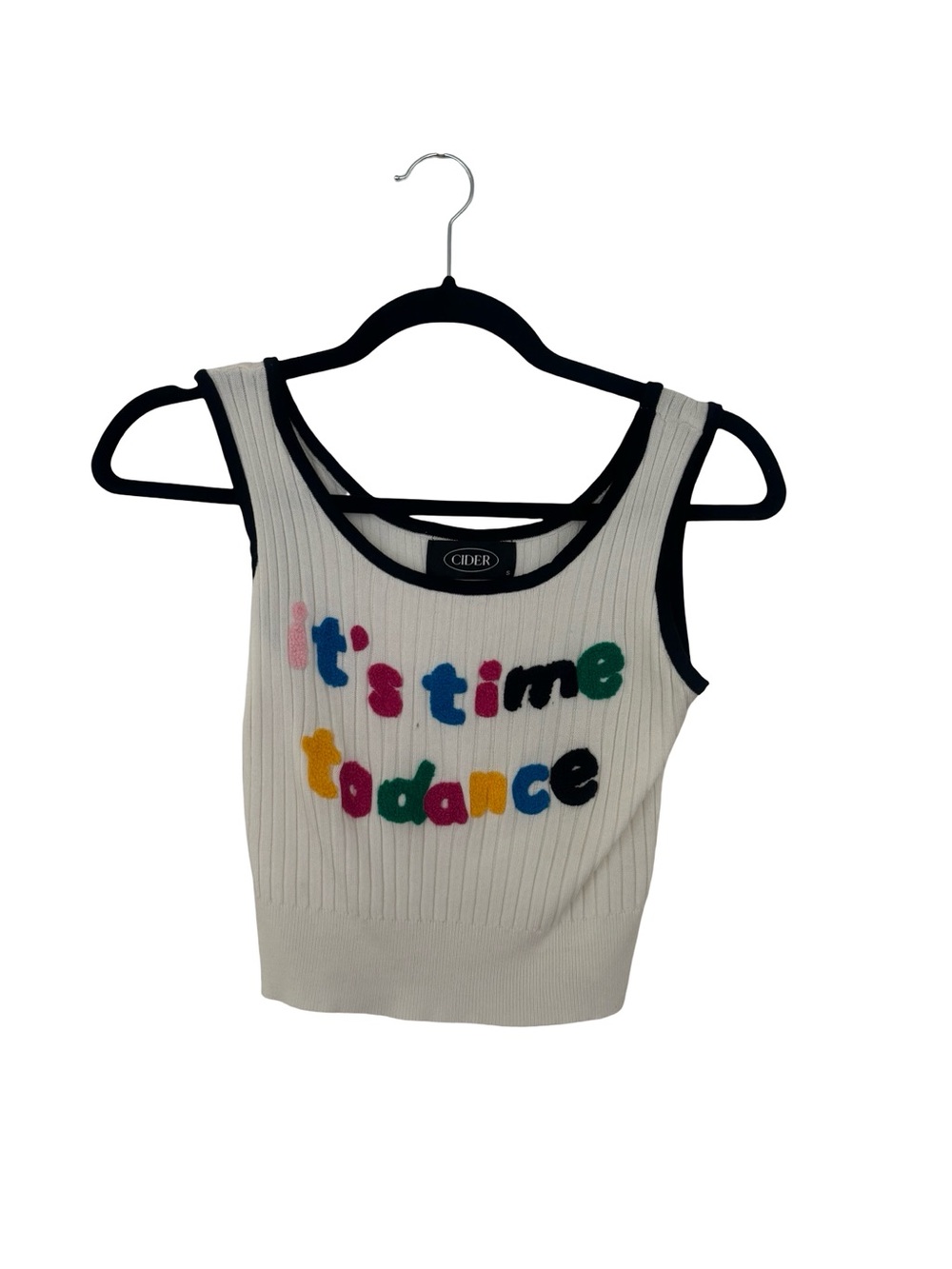 Cider White Ribbed Tank with Multicolor 'It's Time to Dance' Appliqué NWOT
